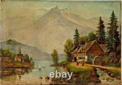 Ancien Tableau HST Ecole Suisse Paysage Animé Montagnes Signé 19ème à Restaurer
