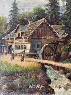 Ancien Tableau HST Ecole Suisse Paysage Animé Montagnes Signé 19ème à Restaurer