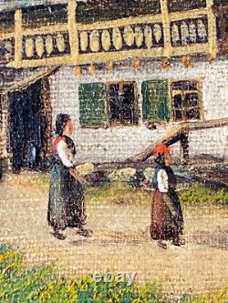 Ancien Tableau HST Ecole Suisse Paysage Animé Montagnes Signé 19ème à Restaurer