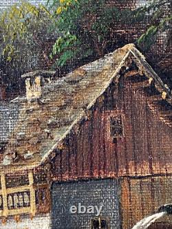 Ancien Tableau HST Ecole Suisse Paysage Animé Montagnes Signé 19ème à Restaurer