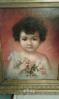 Ancien Tableau HST portrait petite fille au bouquet. Marie REOL 1880/1963