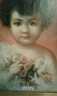 Ancien Tableau HST portrait petite fille au bouquet. Marie REOL 1880/1963