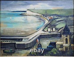 Ancien Tableau HUILE sur toile M. PRESSAC (St Cyr/Morin.) VUE DU TREPORT 1958