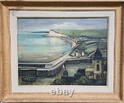 Ancien Tableau HUILE sur toile M. PRESSAC (St Cyr/Morin.) VUE DU TREPORT 1958