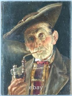 Ancien Tableau Homme à la Pipe Peinture Huile Oil Painting Panel Man Portrait