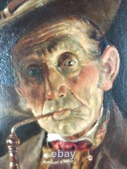 Ancien Tableau Homme à la Pipe Peinture Huile Oil Painting Panel Man Portrait