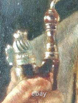 Ancien Tableau Homme à la Pipe Peinture Huile Oil Painting Panel Man Portrait