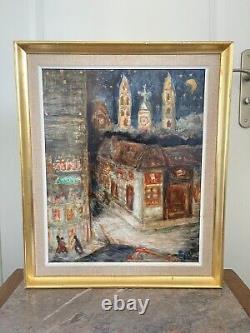 Ancien Tableau Huile Auriac Toulouse Ruelle Nuit Style Van Gogh Encadré