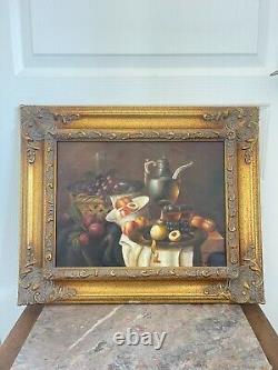 Ancien Tableau Huile Cadre Doré Bois Nature Morte