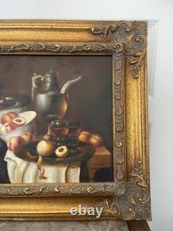 Ancien Tableau Huile Cadre Doré Bois Nature Morte