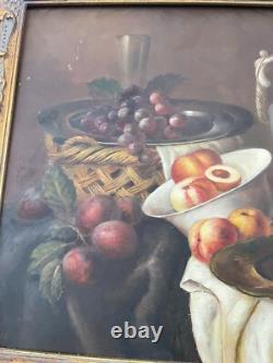 Ancien Tableau Huile Cadre Doré Bois Nature Morte