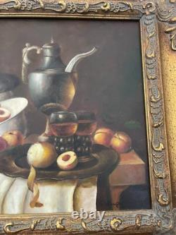 Ancien Tableau Huile Cadre Doré Bois Nature Morte