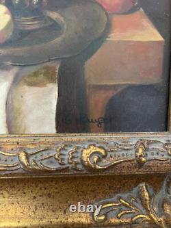 Ancien Tableau Huile Cadre Doré Bois Nature Morte