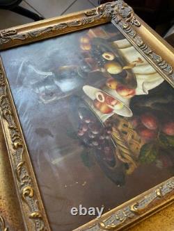 Ancien Tableau Huile Cadre Doré Bois Nature Morte