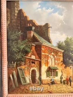 Ancien Tableau Huile Cuivre Jan Beekhout Scène de Rue Moyen Age Hollandais