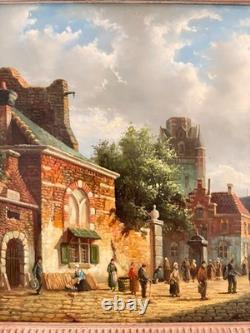 Ancien Tableau Huile Cuivre Jan Beekhout Scène de Rue Moyen Age Hollandais