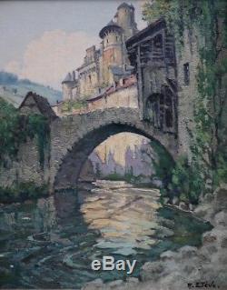 Ancien Tableau Huile Felix Raoul Eteve 1902-1967 Passerelle Estaing Aveyron