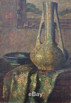 Ancien Tableau Huile Nature Morte au Vase De Grès Emaillé Impressionnisme 1908