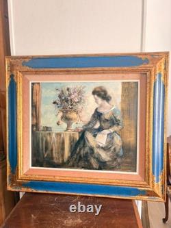 Ancien Tableau Huile Panneau Femme Bouquet Fleurs Portrait Guy Cambier 1923