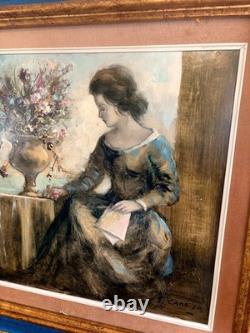 Ancien Tableau Huile Panneau Femme Bouquet Fleurs Portrait Guy Cambier 1923