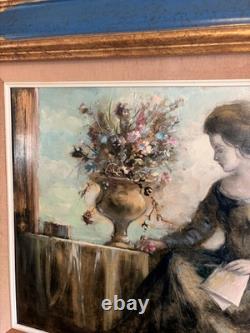 Ancien Tableau Huile Panneau Femme Bouquet Fleurs Portrait Guy Cambier 1923