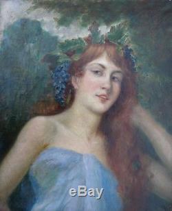 Ancien Tableau Huile Portrait Femme Rousse a La Couronne De Raisins 19 eme
