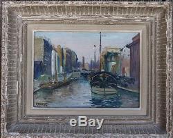 Ancien Tableau Huile Raymond Besse 1899 -1969 Peniche Canal St Martin Paris