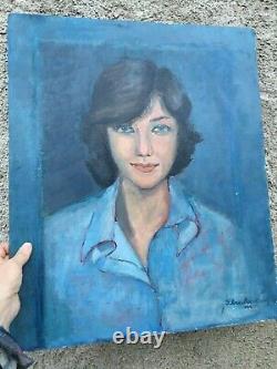 Ancien Tableau Huile Sur Carton Portrait Femme Signe Schneider Kunz 1974