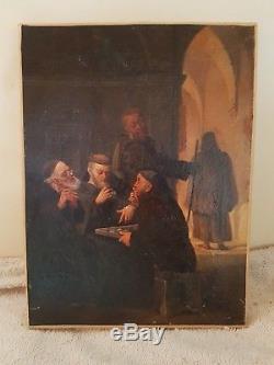 Ancien Tableau, Huile Sur Toile, Peinture, Moine Jouant Au Echec, Portrait