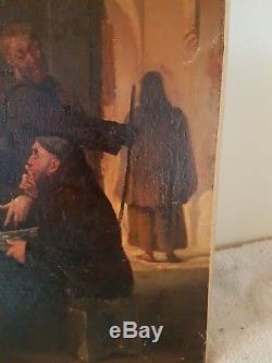 Ancien Tableau, Huile Sur Toile, Peinture, Moine Jouant Au Echec, Portrait