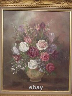 Ancien Tableau Huile Sur Toile nature morte bouquet de fleurs signer M. Reheiser
