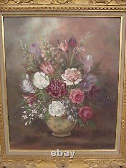 Ancien Tableau Huile Sur Toile nature morte bouquet de fleurs signer M. Reheiser