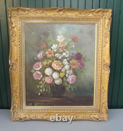 Ancien Tableau Huile Sur Toile nature morte bouquet fleurs signer M. Reheiser