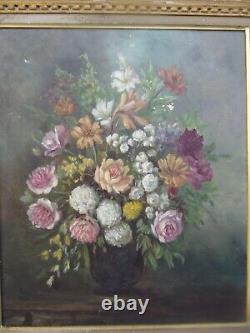 Ancien Tableau Huile Sur Toile nature morte bouquet fleurs signer M. Reheiser