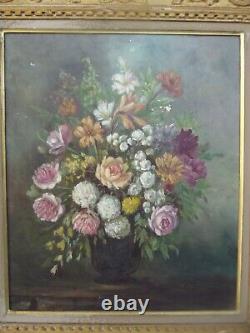 Ancien Tableau Huile Sur Toile nature morte bouquet fleurs signer M. Reheiser