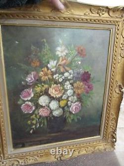 Ancien Tableau Huile Sur Toile nature morte bouquet fleurs signer M. Reheiser