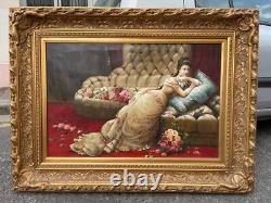 Ancien Tableau Huile Toile Cadre Doré Bois Femme Couché Allongé Lit Robe Sommeil