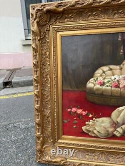 Ancien Tableau Huile Toile Cadre Doré Bois Femme Couché Allongé Lit Robe Sommeil