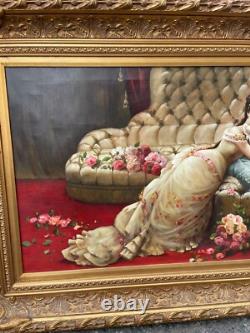 Ancien Tableau Huile Toile Cadre Doré Bois Femme Couché Allongé Lit Robe Sommeil
