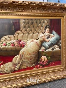 Ancien Tableau Huile Toile Cadre Doré Bois Femme Couché Allongé Lit Robe Sommeil