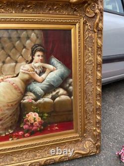Ancien Tableau Huile Toile Cadre Doré Bois Femme Couché Allongé Lit Robe Sommeil