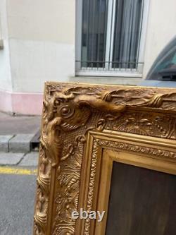 Ancien Tableau Huile Toile Cadre Doré Bois Femme Couché Allongé Lit Robe Sommeil