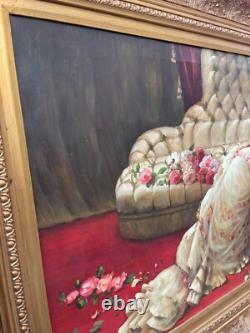 Ancien Tableau Huile Toile Cadre Doré Bois Femme Couché Allongé Lit Robe Sommeil