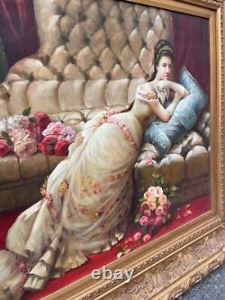 Ancien Tableau Huile Toile Cadre Doré Bois Femme Couché Allongé Lit Robe Sommeil