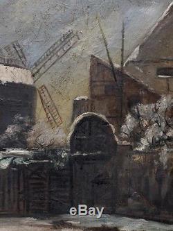 Ancien Tableau Huile Toile Moulin de la galette Paris Butte Montmartre 1888