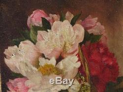 Ancien Tableau Huile Toile Nature Morte Aux Fleurs Pivoine 1886 Impressionnisme