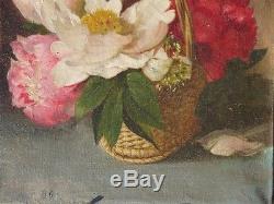 Ancien Tableau Huile Toile Nature Morte Aux Fleurs Pivoine 1886 Impressionnisme