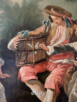 Ancien Tableau Huile surToile Scène Pastorale Galante La Cage à Oiseau