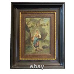 Ancien Tableau Huile sur Bois Femme en Forêt de Fontainebleau Barbizon 19ème