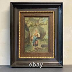 Ancien Tableau Huile sur Bois Femme en Forêt de Fontainebleau Barbizon 19ème